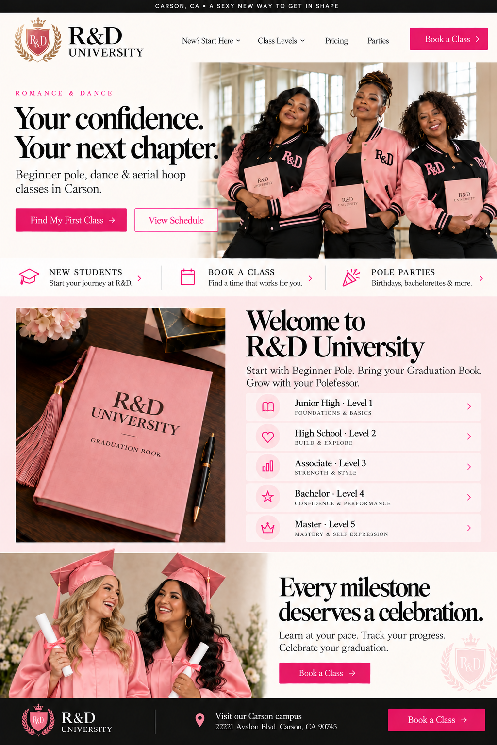 Three women in pink and black R&D varsity jackets holding Graduation Books